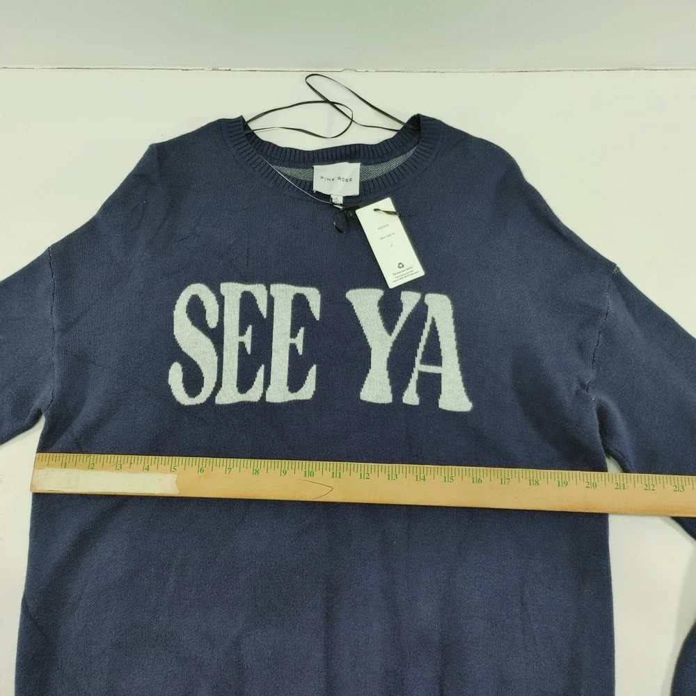 Pink Rose Navy Blue SEE YA Graphic Crewneck Sweater‎ Womens Size S